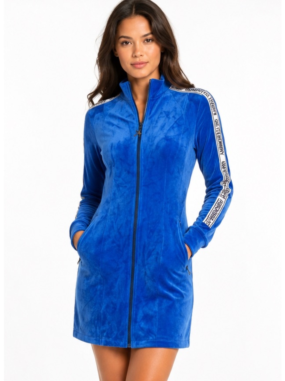Opening Ceremony S Y2K Blue Velour Zip Front Mini Dress Track Logo Tape luxury